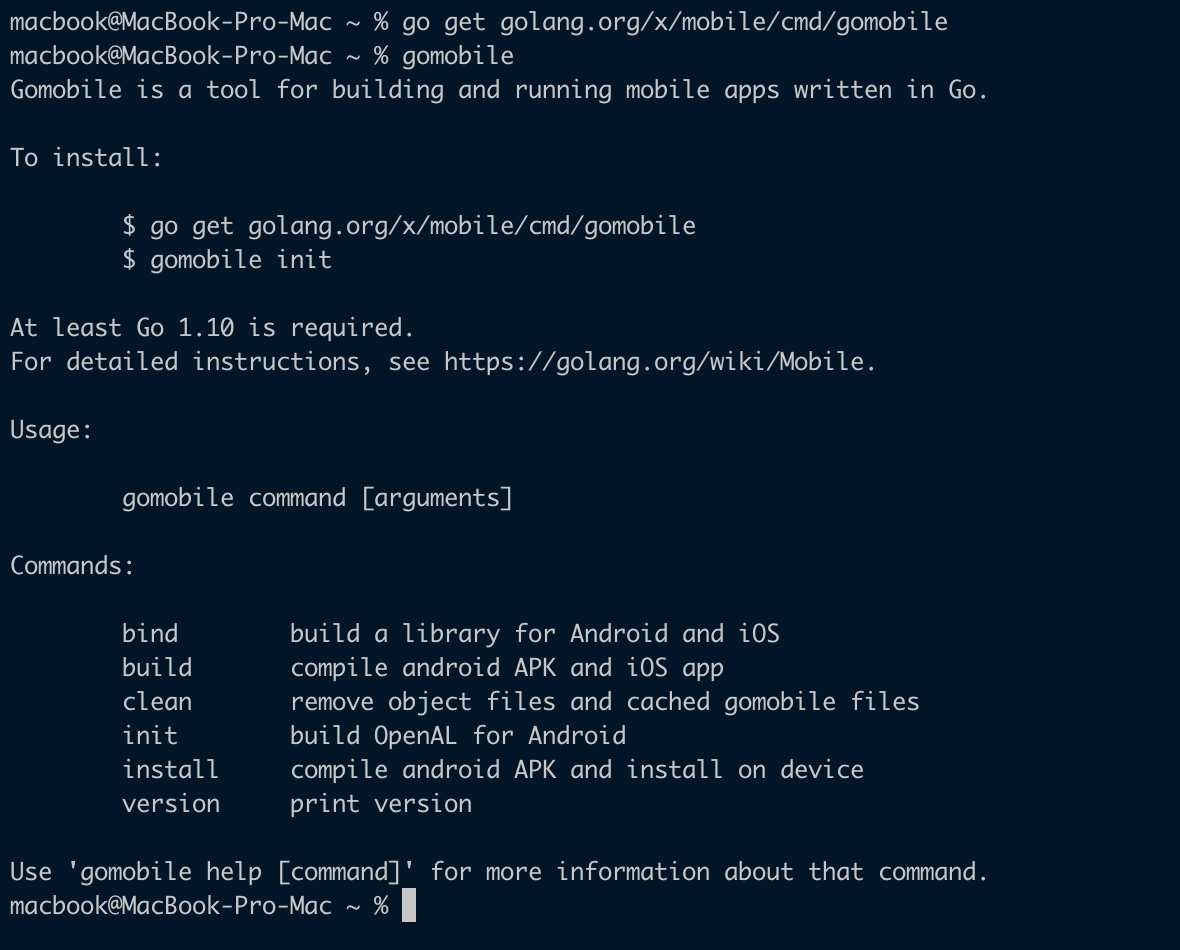 gomobile command terminal output